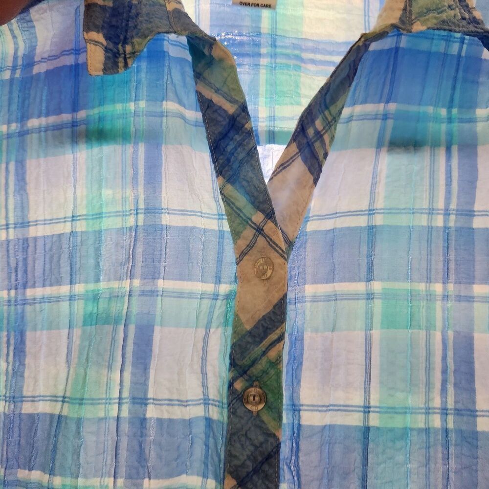 Rebeca Malone Top Size Medium Blue Plaid Front Buttons Short Sleeve - Picture 8 of 10